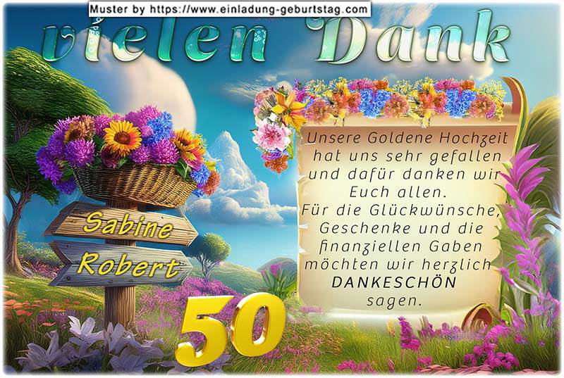 Die Danksagungskarte zur Goldenen Hochzeit mit Ihrem Foto auf einer Goldpapierrolle