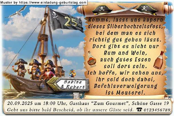 lustige Einladung Silberhochzeit - Piratenschiff