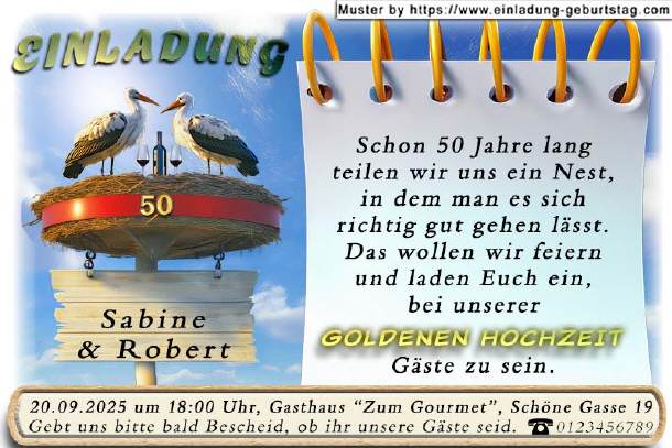 Einladung Goldene Hochzeit lustig - die Störche