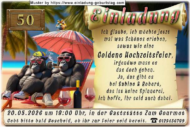 Einladung Goldene Hochzeit lustig - Gorillas