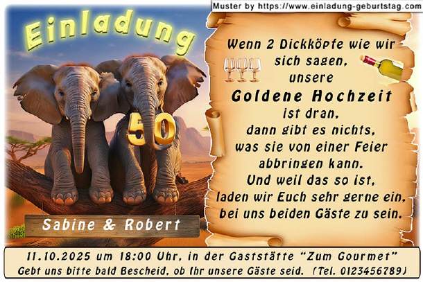 Einladung Goldene Hochzeit lustig - 2 Dickhäuter