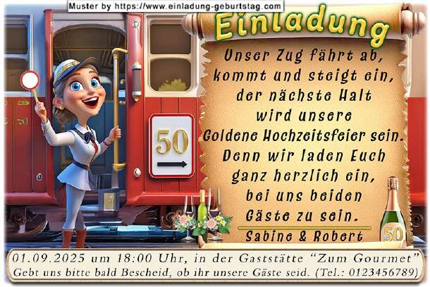 Einladung Goldene Hochzeit lustig - der Zug