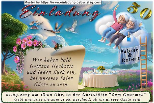 Einladung Goldene Hochzeit lustig - in den Wolken