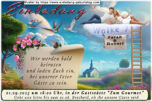 Hochzeitseinladung lustig - auf Wolke 7 schweben