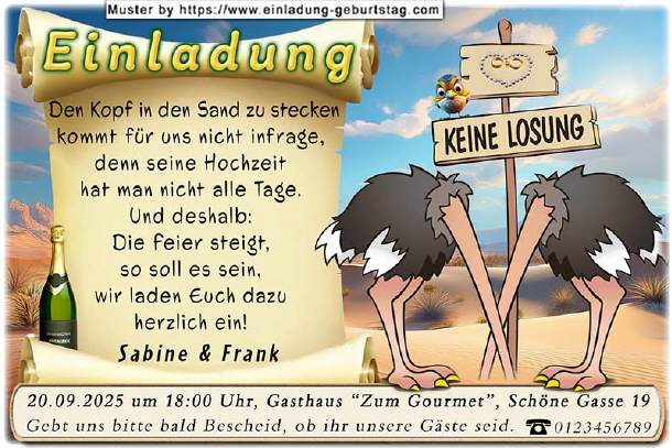 Hochzeitseinladung lustig - das Straußenpaar