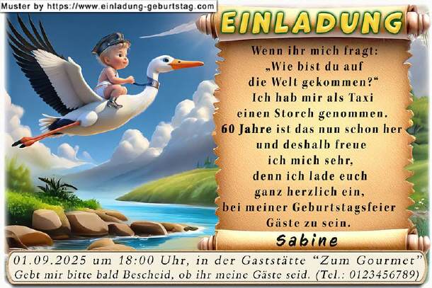 lustige Einladung Geburtstag - der Storch als Taxi