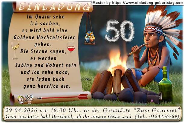 lustige Einladung Goldene Hochzeit - der Indianer