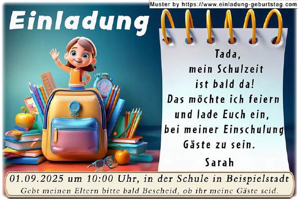 lustige Einladung Einschulung - Mädchen im Ranzen