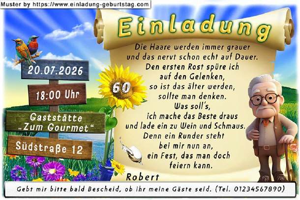 lustige Einladung Geburtstag - Mann und Wegweiser