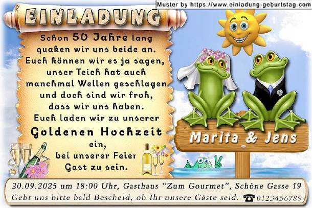 Einladung Goldene Hochzeit lustig - das Froschpaar