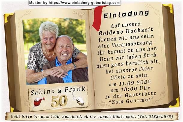 Einladung Goldene Hochzeit mit Foto im Buch