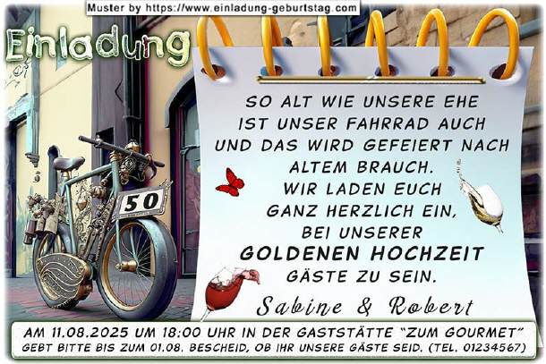 originelle Einladung Goldene - das Fahrrad