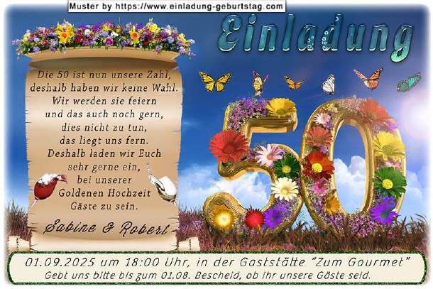 originelle Einladung Goldene Hochzeit, blühende 50