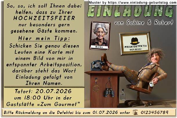 Hochzeitseinladung lustig - der Privatdetektiv