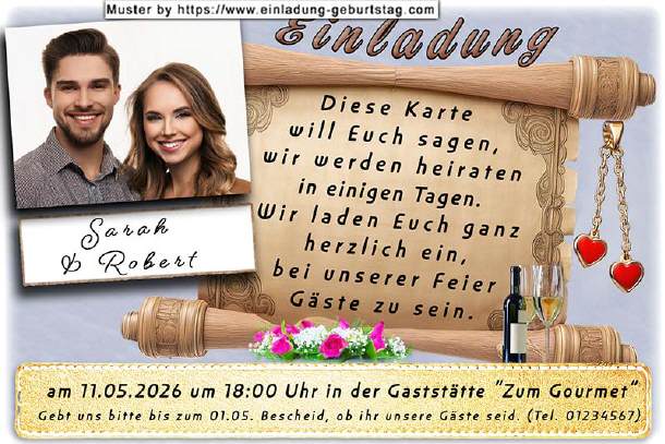 Einladung Hochzeit Foto neben Schriftrolle