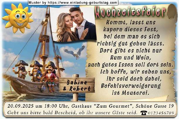 Einladung Hochzeit Foto und Piratenschiff