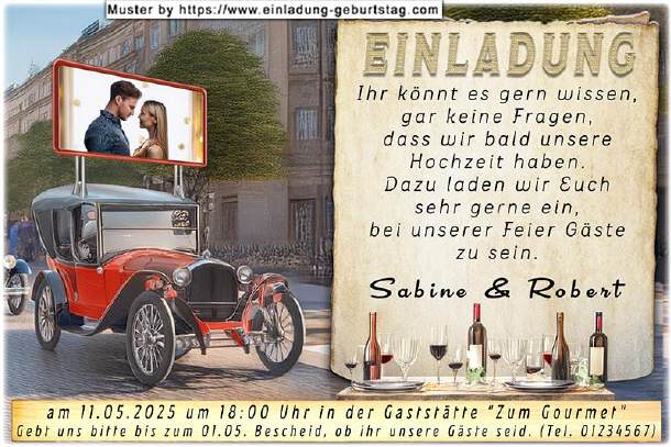 Einladung Hochzeit Foto und Oldtimer
