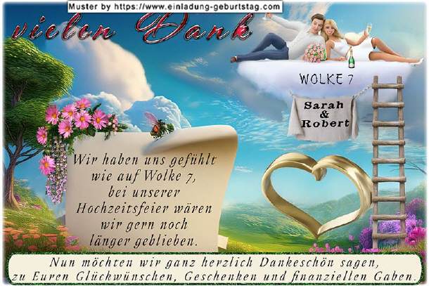 Dankeskarte Hochzeit, das Paar auf Wolke 7
