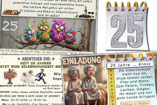 lustige Einladungskarten zur Silberhochzeit mit witzigen Bildern und dem dazu passenden Einladungstext