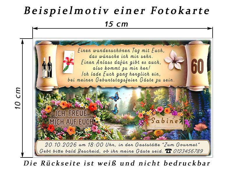 Beispielbild einer Fotokarte mit Abmessungen als Einladungskarte und Danksagungskarte