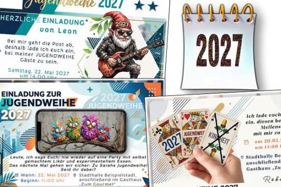 lustige Einladungskarten zur Jugendweihe 2027 mit witzigen Bildern und dem passenden Einladungstext