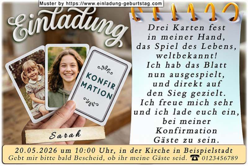 Die Einladung zur Konfirmation mit 2 deiner Fotos auf 2 Spielkarten, die von einer Hand gehalten werden. Daneben befindet sich dein Einladungstext.
