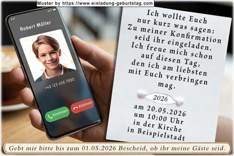 Die Einladung zur Jugendweihe mit deinem Foto im Display eines Smartphone. Über dem Foto befindet sich dein Name, darunter deine Telefonnummer.
