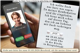 Die Einladung zur Jugendweihe mit deinem Foto im Display eines Smartphone. Über dem Foto befindet sich dein Name, darunter deine Telefonnummer.