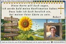 Die Einladung zur Konfirmation mit deinem Foto in einem rustikalen Holzrahmen neben einem Holzwegweiser und einer Sonnenblume.