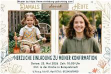 Die Einladung zur Jugendweihe mit 2 deiner Fotos nebeneinander – ein älteres Kinderbild und ein aktuelles Bild – Damals und Heute.