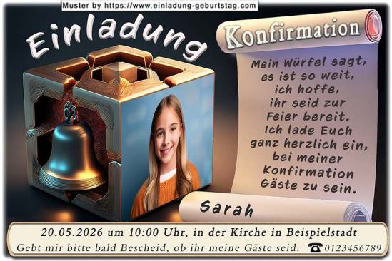 Die Einladung zur Konfirmation mit deinem Foto und einer Glocke als Seite eines Würfels. Dein Text wird in eine Schriftrolle eingesetzt.