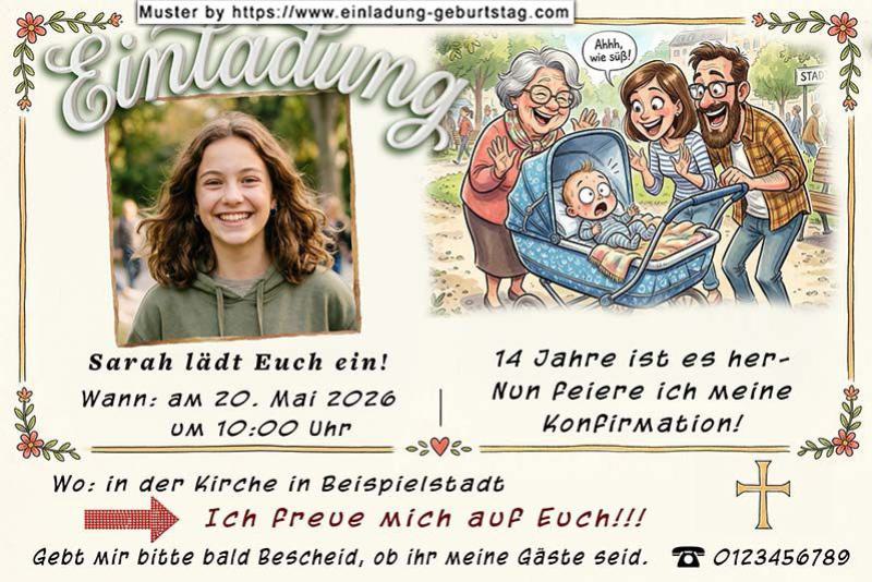 Die Einladung zur Konfirmation mit deinem Foto neben einem lustigen Comicbild – du im Kinderwagen vor 14 Jahren.