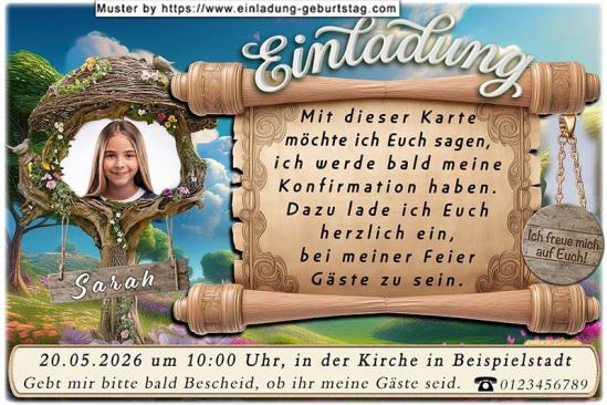 Die Einladung zur Konfirmation mit deinem Foto in einem originellen Rahmen vor einem Landschaftsbild. Dein Text wird ein eine rustikale Schriftrolle eingesetzt.
