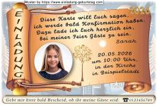 Die Einladung zur Konfirmation mit deinem Foto, das rund ausgeschnitten wird auf einer geschwungenen Schriftrolle neben deinem Text.
