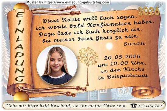 Die Einladung zur Konfirmation mit deinem Foto, das rund ausgeschnitten wird auf einer geschwungenen Schriftrolle neben deinem Text.