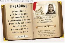 Die Einladung zur Konfirmation mit deinem Foto im Sepiastil oben auf einer Seite eines aufgeschlagenen Buches, das deinen Einladungstext enthält.