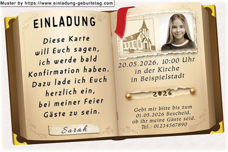 Die Einladung zur Konfirmation mit deinem Foto im Sepiastil oben auf einer Seite eines aufgeschlagenen Buches, das deinen Einladungstext enthält.