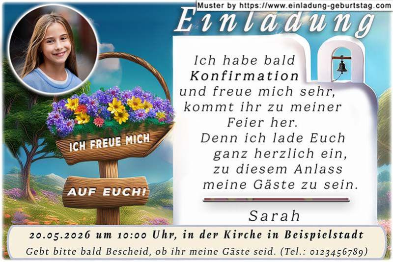 Einladung Konfirmation mit deinem Foto - über einem Korb mit Blumen, auf dem ‚Ich freue mich auf Euch‘ steht, wird dein Foto eingesetzt.