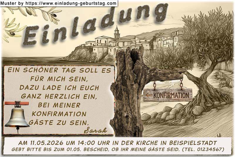 Ein schönes Bild im Sepia Style dient dieser Einladungskarte zur Konfirmation als Hintergrund. Sämtliche Textbestandteile kannst du frei anpassen.