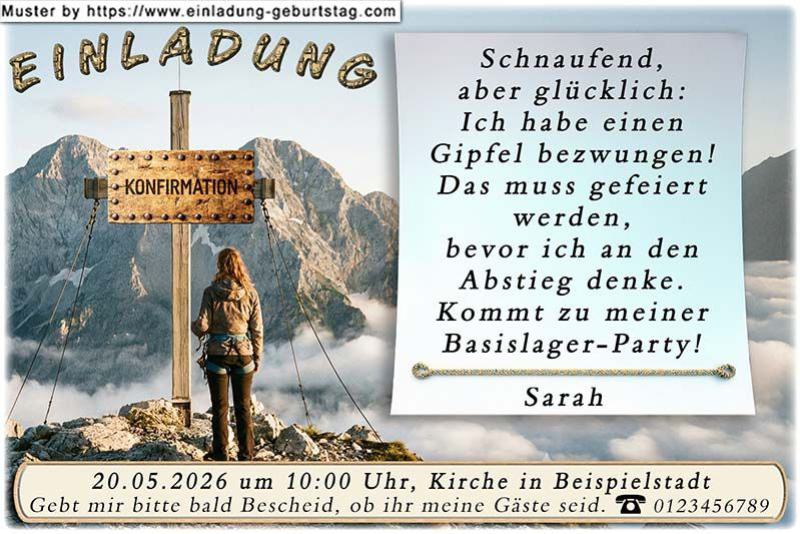 Das Mädchen vor dem Gipfelkreuz als Einladung zur Konfirmation – kommt zu meiner Basislagerparty. Auf dem Gipfelkreuz befindet sich das Wort Konfirmation.