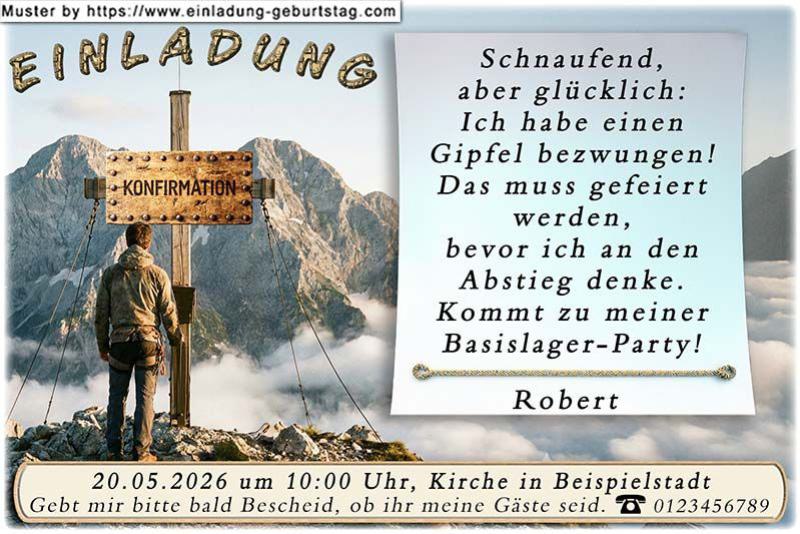 Der Junge vor dem Gipfelkreuz als Einladung zur Konfirmation – kommt zu meiner Basislagerparty. Auf dem Gipfelkreuz befindet sich das Wort Konfirmation.