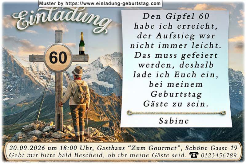 Die originelle Einladung zum Geburtstag - Eine Frau hat den Berggipfel erreicht und steht vor einem Bergkreuz. Ihr Alter wird als Zielmarkierung in dieses Kreuz eingesetzt.