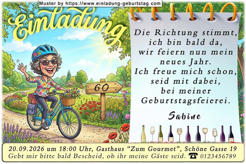 Die originelle Einladung zum Geburtstag - Eine winkende gut gelaunte Frau fährt auf einem Fahrrad durch den Park. Am Wegesrand steht ein Wegweiser.