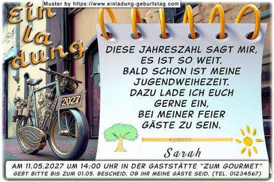 die originelle Einladung zur Jugendweihe mit dem Fahrrad und der Zahl 2027