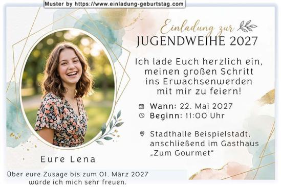 Die Einladung zur Jugendweihe mit Foto oval ausgeschnitten im modernen Kartendesign