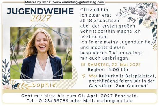 Die Einladung zur Jugendweihe mit Foto umrahmt von dünnen 5-Ecken