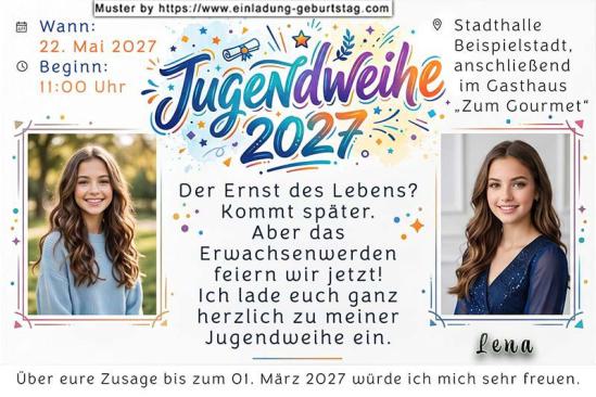 Die Einladung zur Jugendweihe mit 2 deiner Fotos auf einer Einladungskarte.