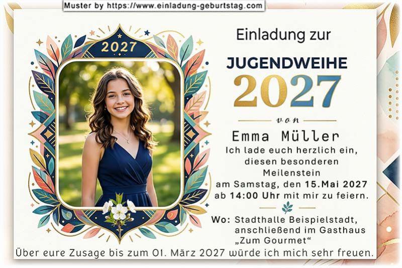 Die Einladung zur Jugendweihe mit deinem Foto umgeben von einem originellen dekorativen Rahmen