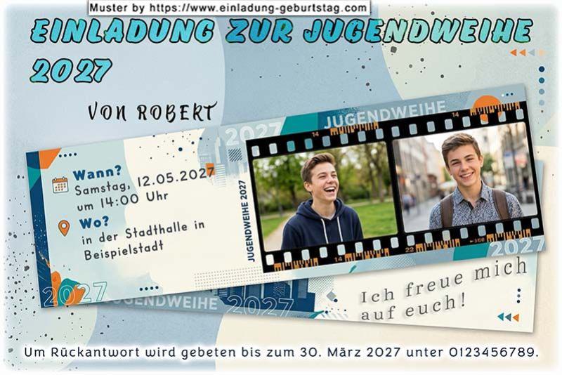 Die Einladung zur Jugendweihe mit 2 Fotos in einem Filmstreifen auf einer Einladungskarte