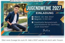 Die Einladung zur Jugendweihe mit deinem Foto im Großformat vor einem Hintergrund mit knalligen Farben
